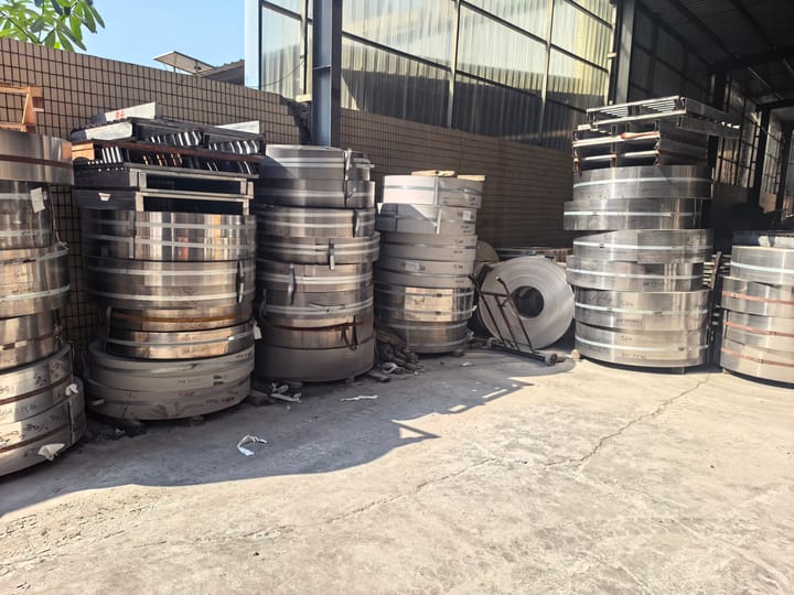 Stainless steel coils stored in the outdoor yard