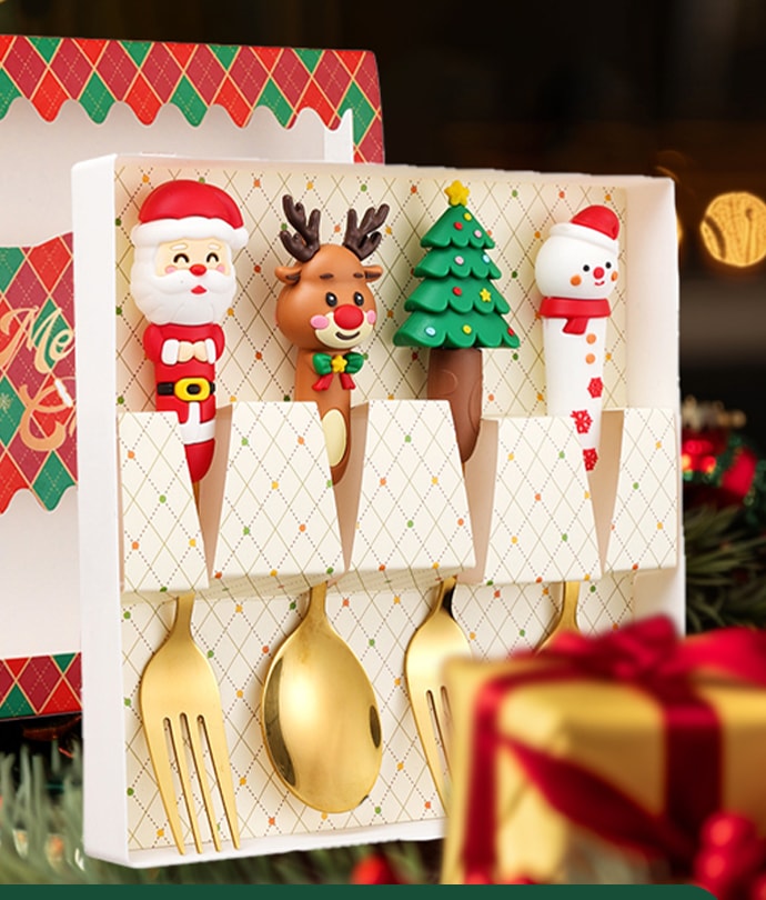 Christmas Cartoon Doll Gold-Plated Spoon & Fork Gift Box Set
