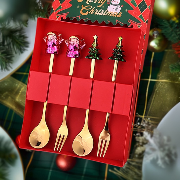Christmas Metallic Iridescent Cartoon Dessert Spoon & Fork Gift Set