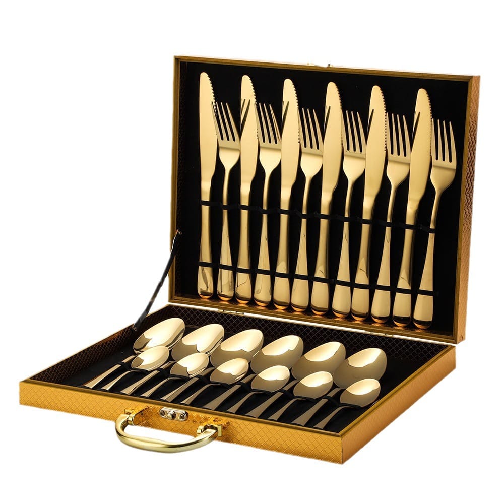 24-Piece Mirror Polished Stainless Steel Cutlery Set in Wooden Gift Box