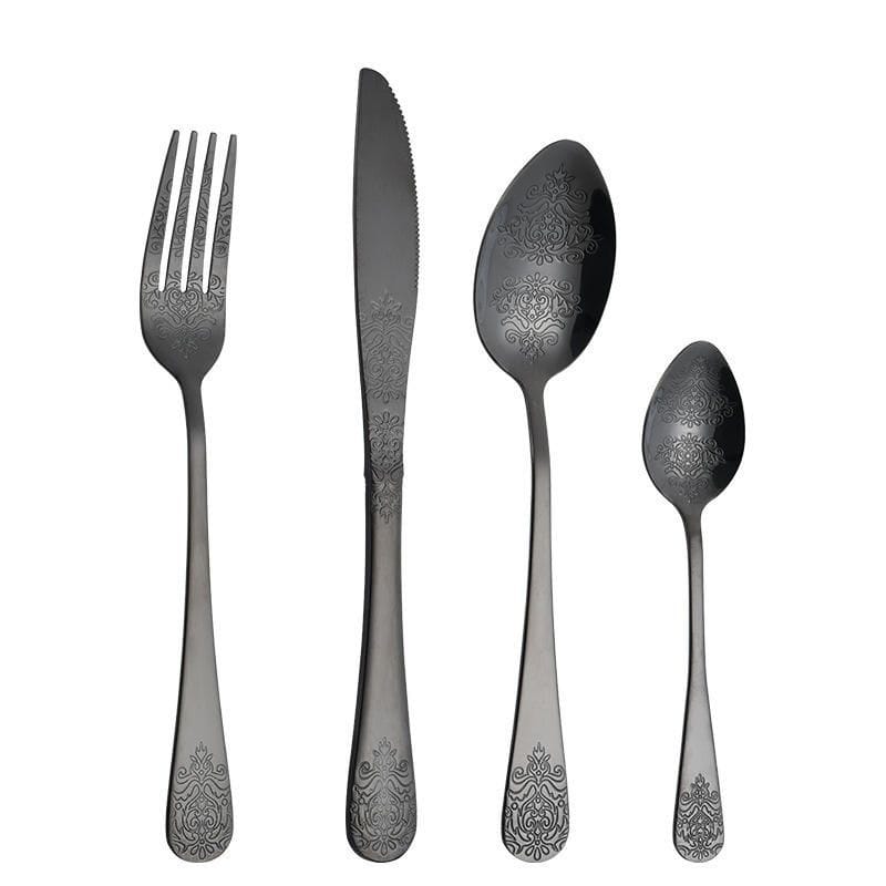 Double flower flatware set in black finish