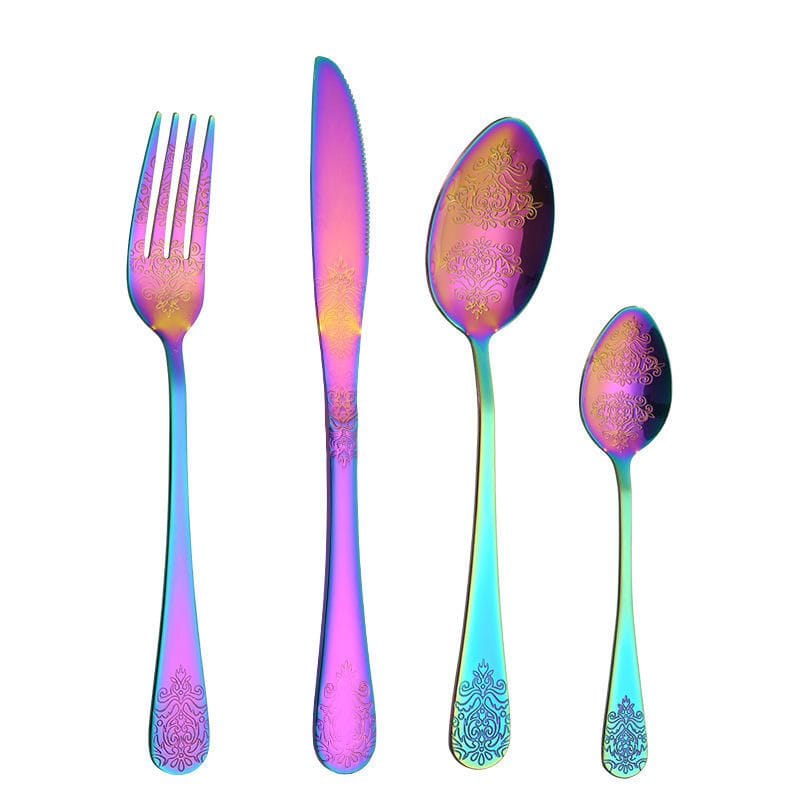 Double flower flatware set in colourful rainbow finish
