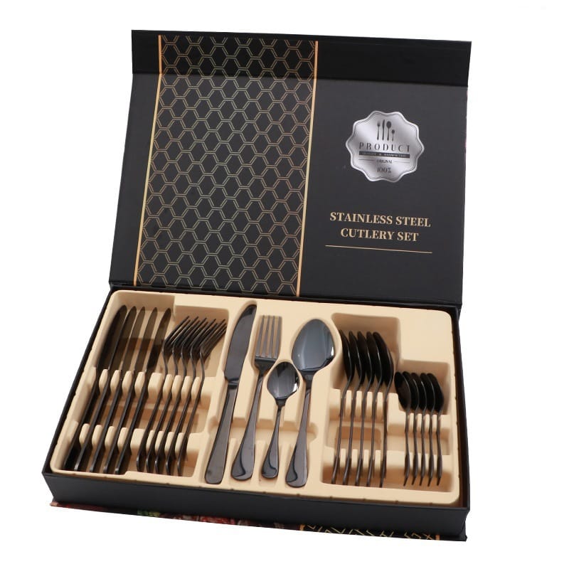 24-Piece Gold-Plated Stainless Steel Cutlery Set in Black Gift Box