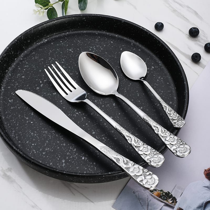 410 Stainless Steel Plum Blossom Pattern Embossed Flatware Set - Knife Fork Spoon Teaspoon