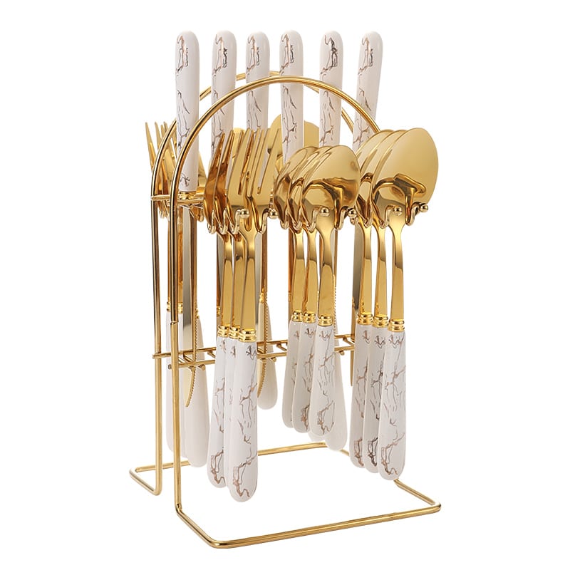 Luxury Marble-Pattern Ceramic Handle 24-Piece Cutlery Set with Display Stand
