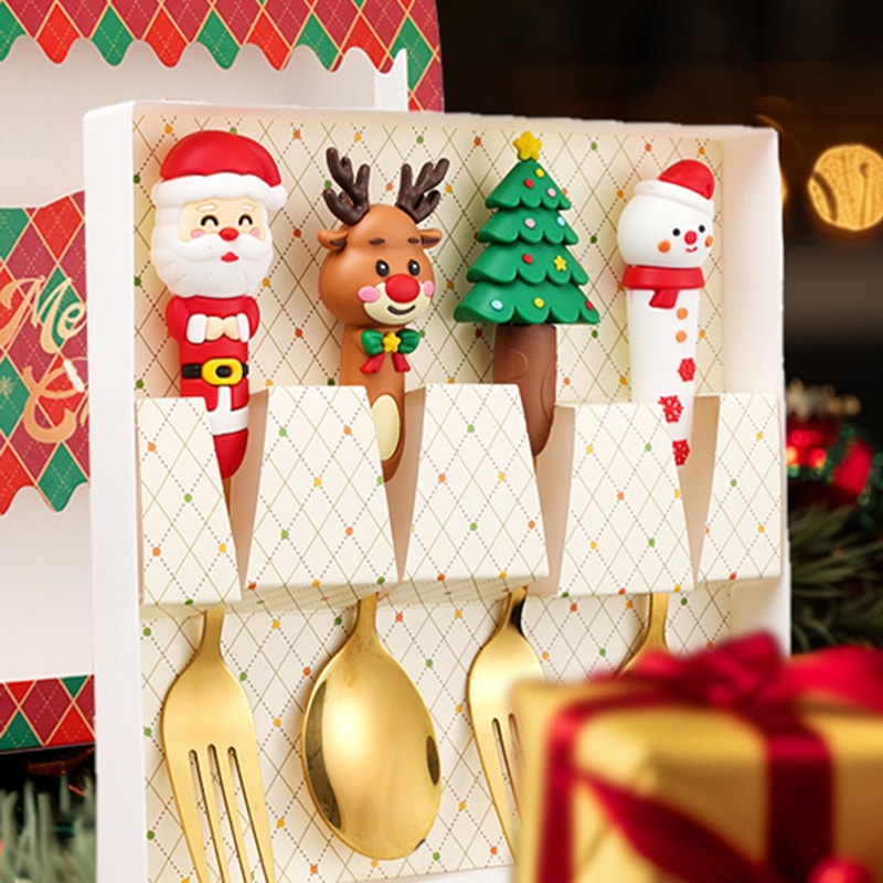 Christmas Cartoon Doll Gold-Plated Spoon & Fork Gift Box Set