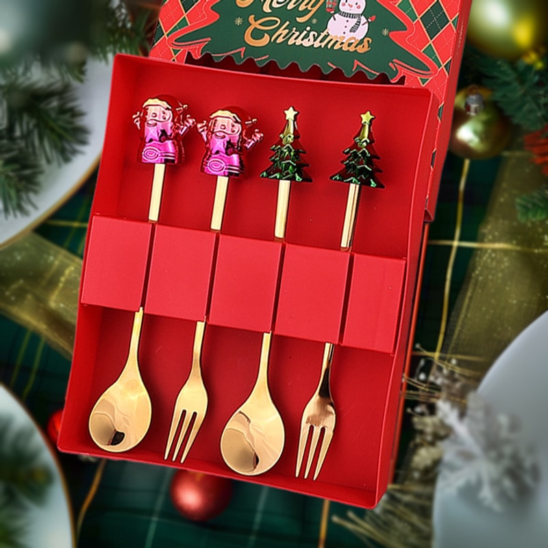 Christmas Metallic Iridescent Cartoon Dessert Spoon & Fork Gift Set