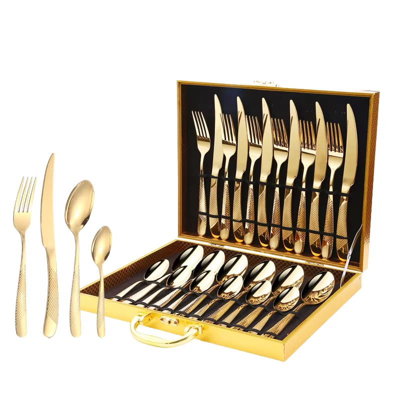 24-Piece Star Diamond Stainless Steel Cutlery Set with Gold Gift Box