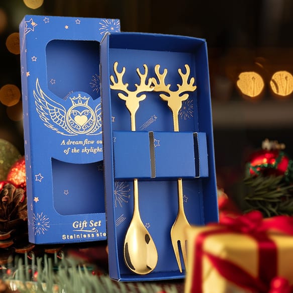 Christmas Reindeer Gold Dessert Spoon and Fork Set in Navy Gift Box