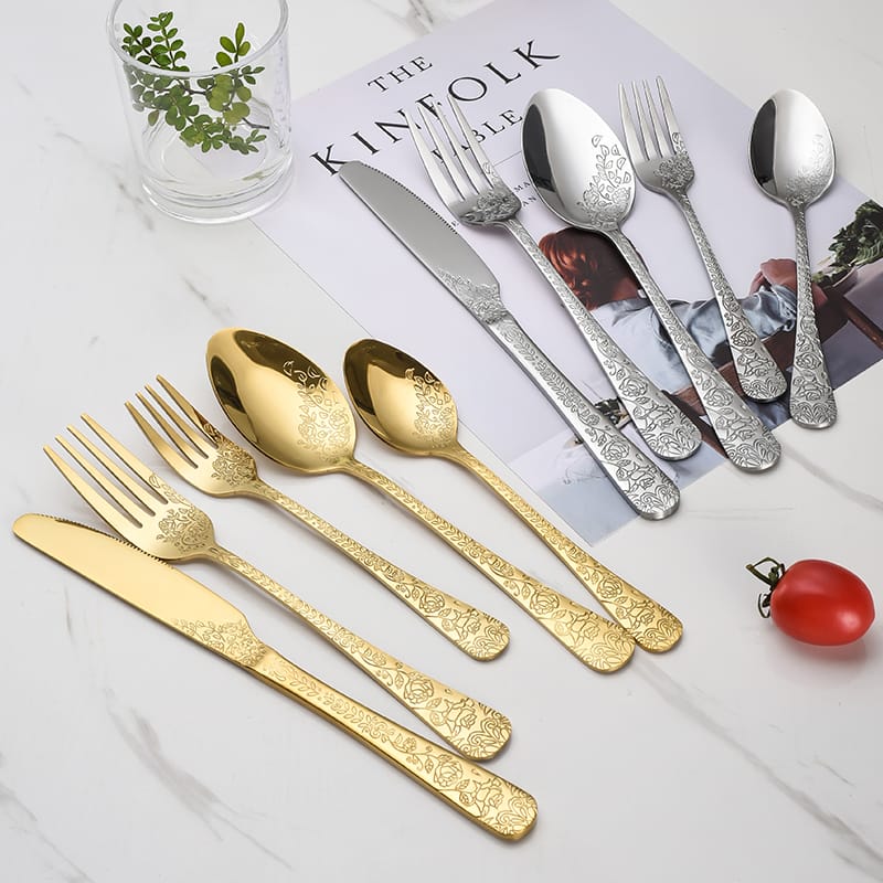 Stainless Steel Rose Pattern Embossed Flatware Set in gold and silver finishes