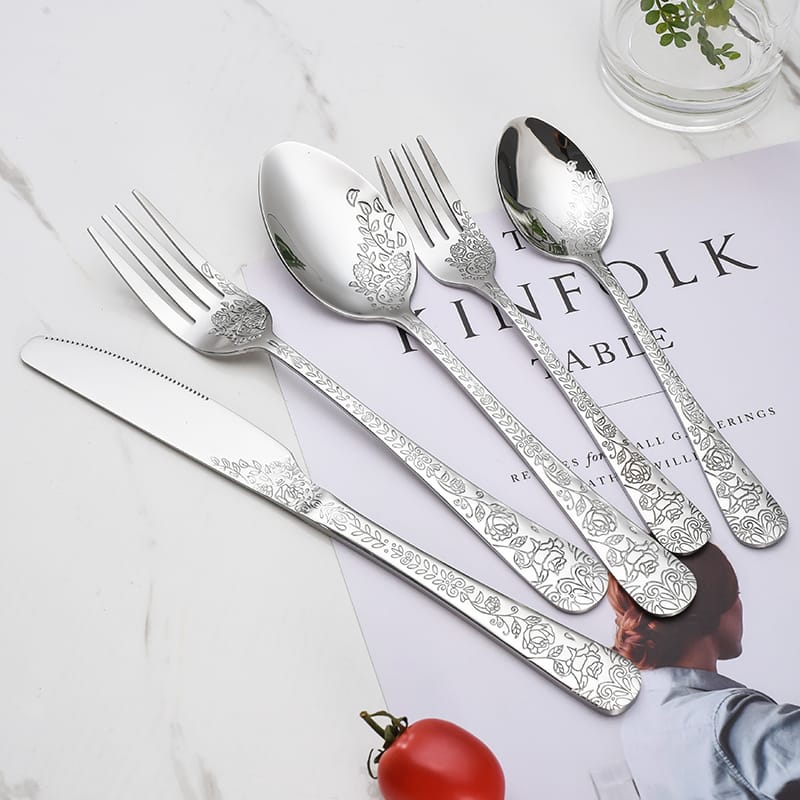 Rose pattern flatware set in silver mirror finish
