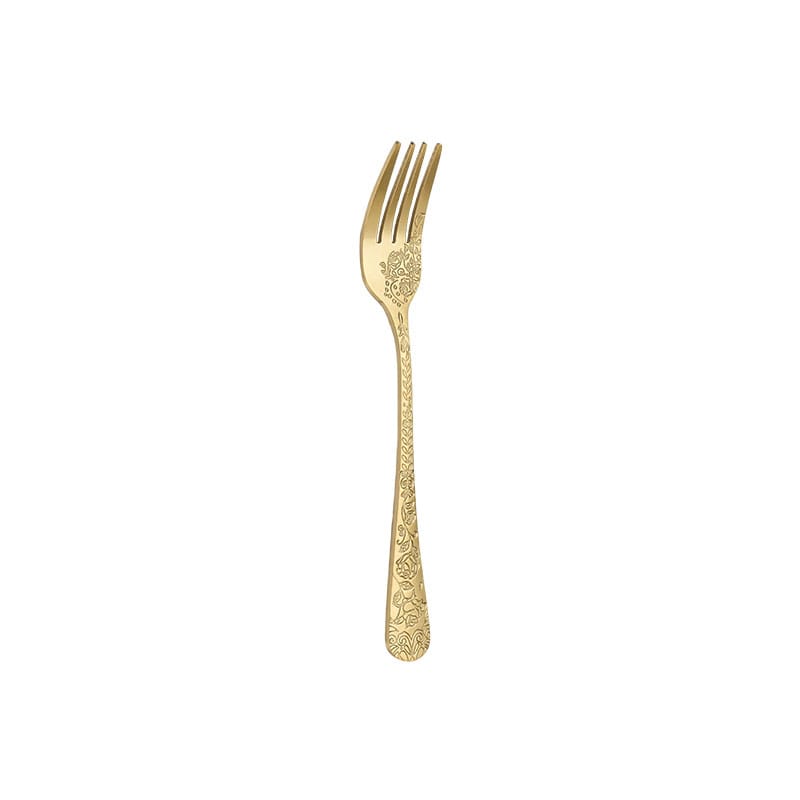 Rose pattern dessert fork, gold finish