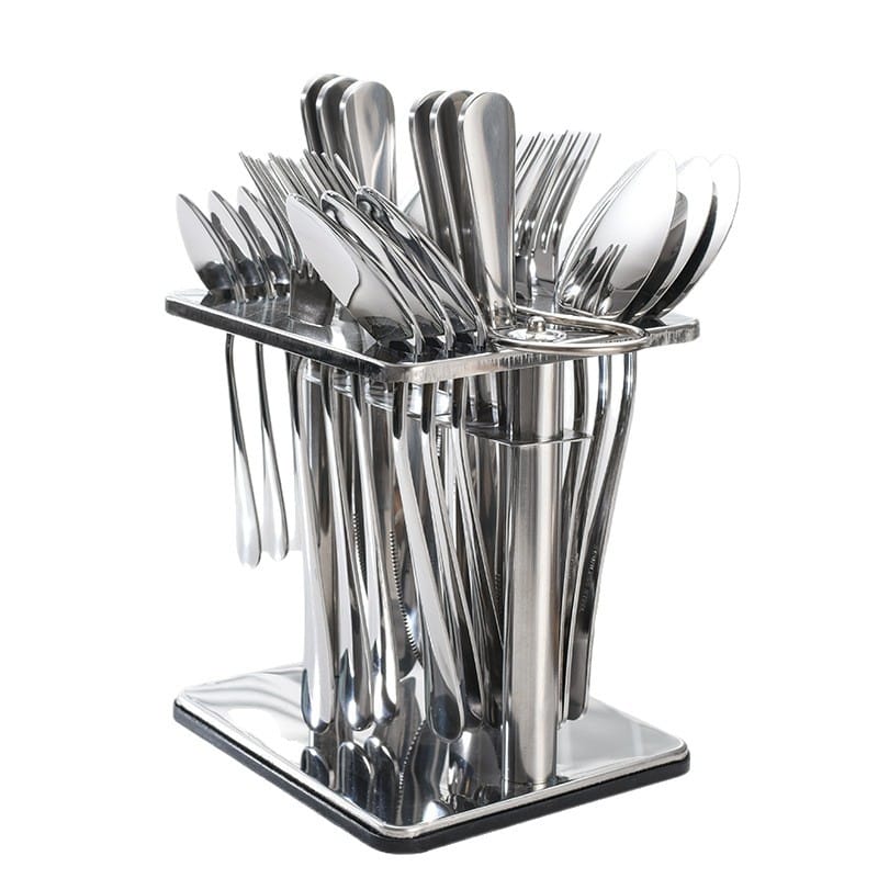 Square stainless steel cutlery rack holding a full set of flatware