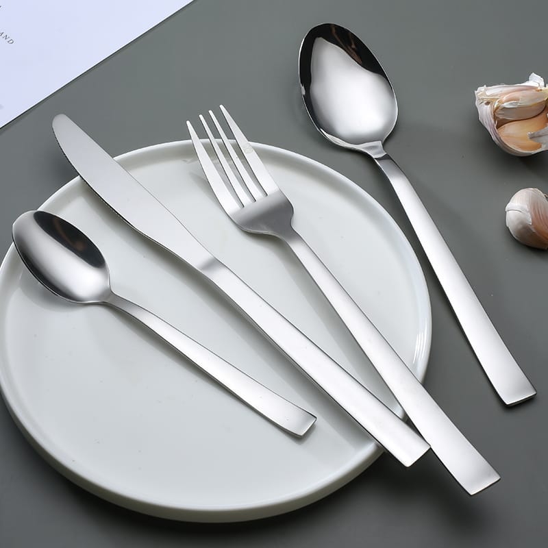 Square Handle Stainless Steel Flatware Set - Knife Fork Spoon Teaspoon
