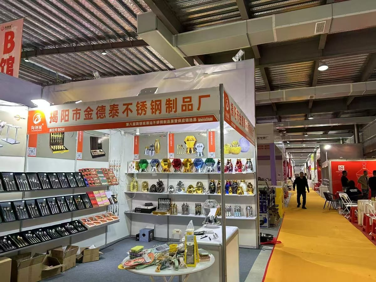 Stainless steel tableware display at trade show